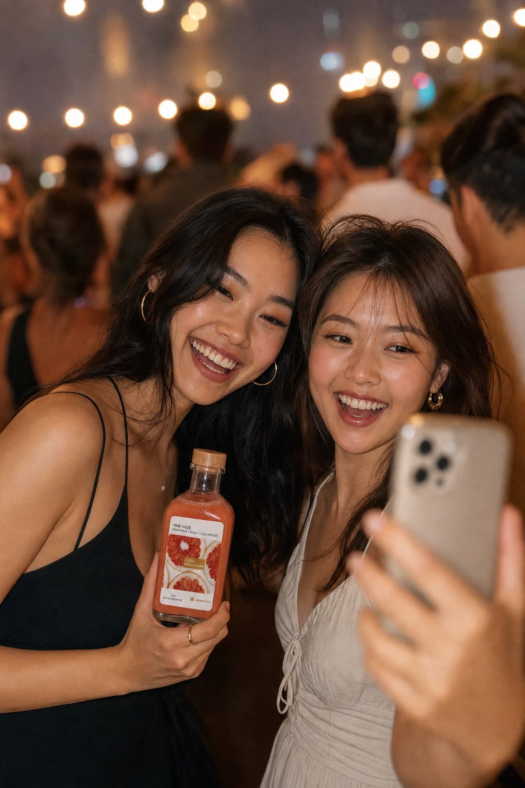 Two creators sharing Lalaland Juice at a rooftop party