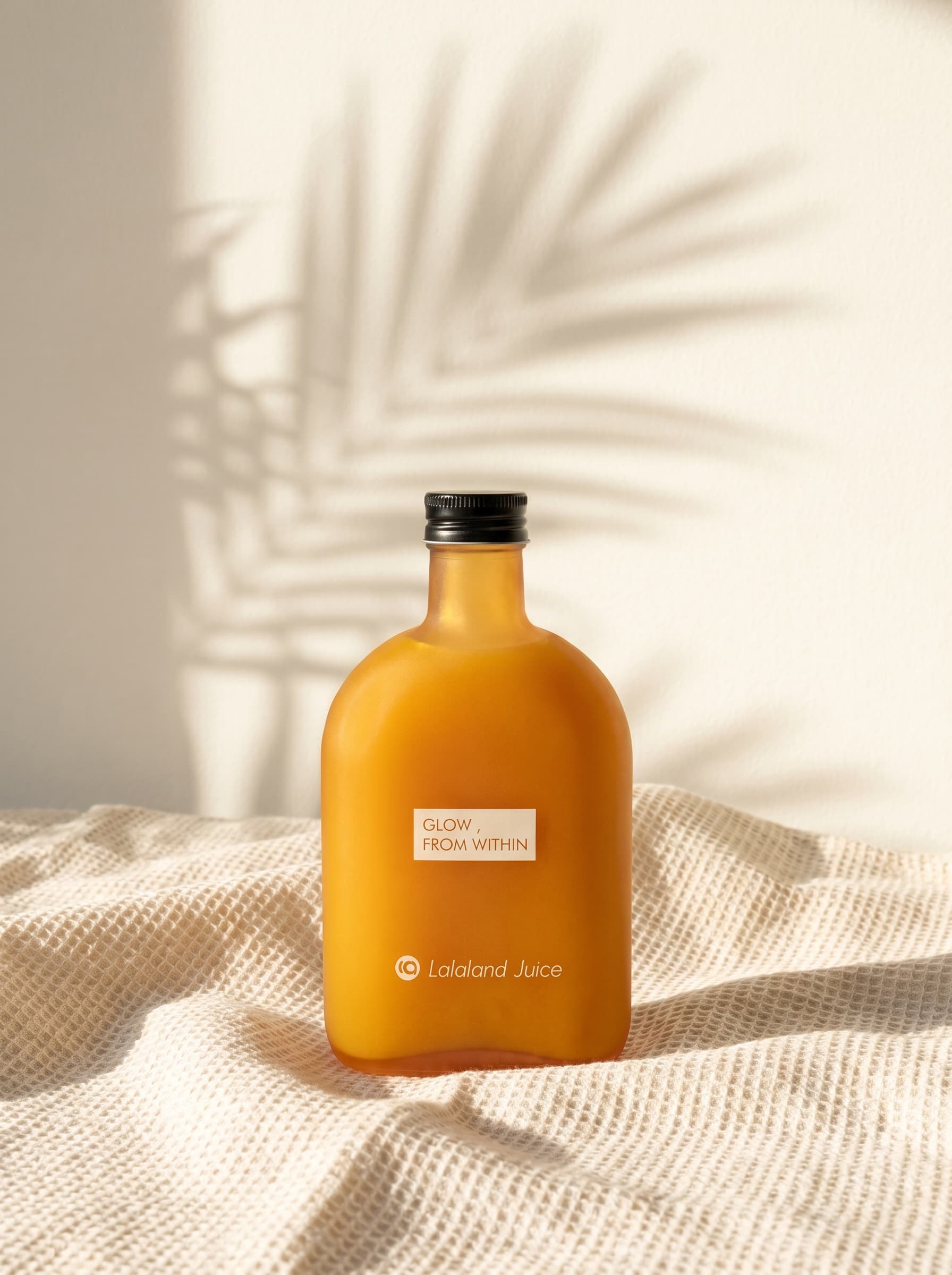 A matte Lalaland flask resting on cream linen in soft, diffused morning light