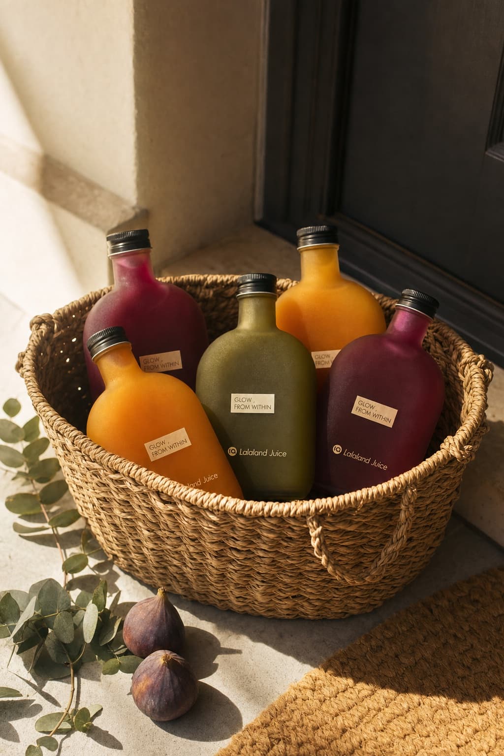 A woven basket of cold-pressed Lalaland juices left on a sunlit doorstep on a quiet morning