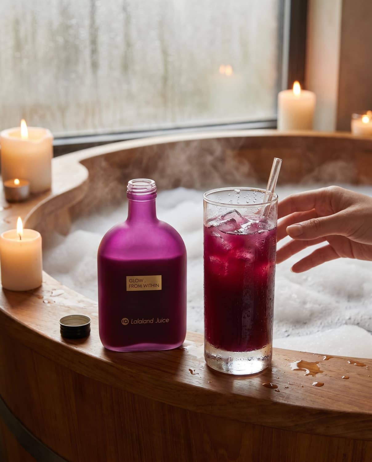 A cold glass of Lalaland juice over ice beside a candlelit bubble bath