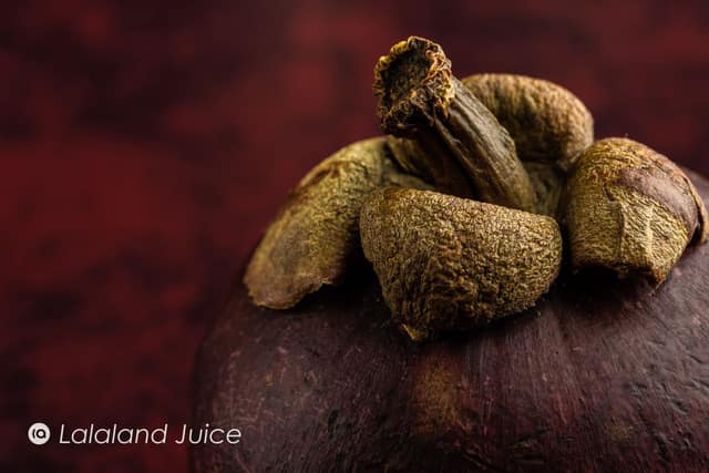 A mangosteen in close-up — the queen of fruits at rest on a deep oxblood ground, with the Lalaland Juice mark set within.