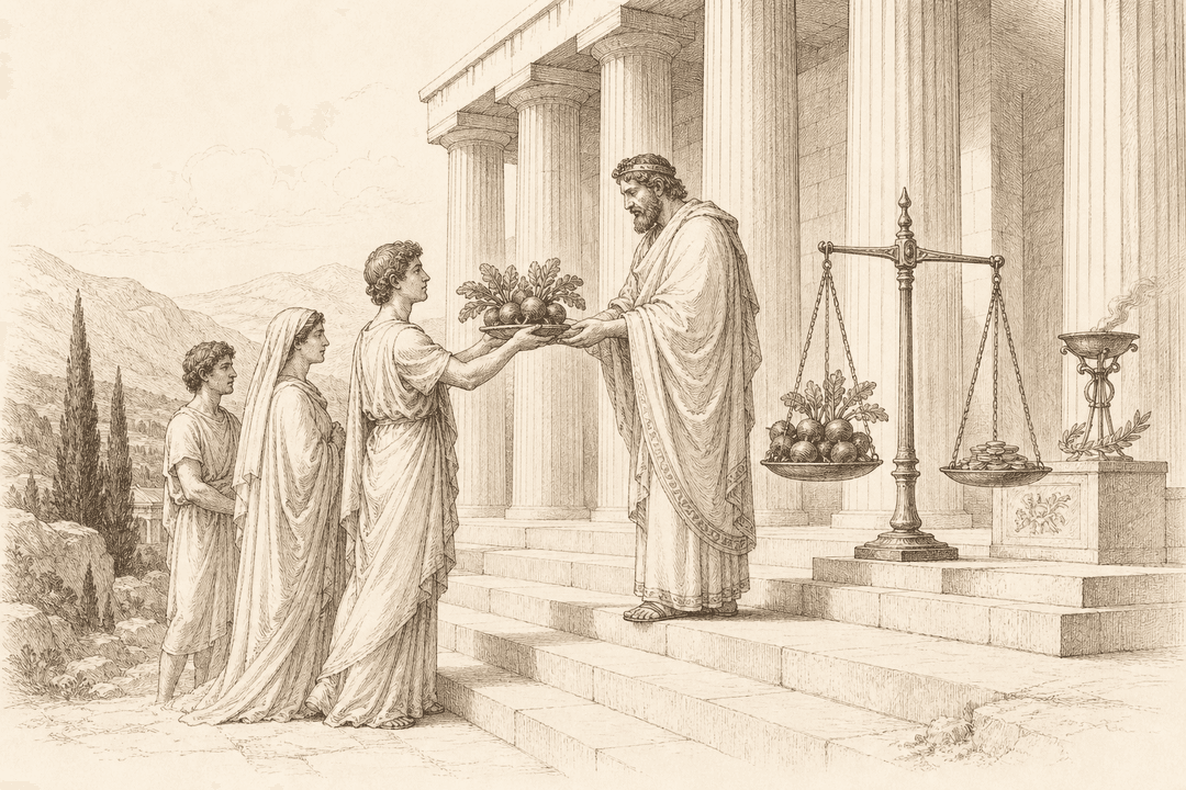A sepia pen-and-ink engraving of robed Greeks presenting beetroots to a priest on the marble steps of a temple, the roots weighed against silver coins on a balance — a root once reckoned worth its weight in silver at Delphi.