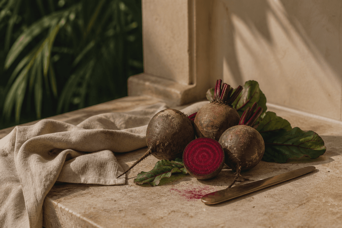 Whole and halved beetroots on a warm stone surface in low golden light, a faint ruby juice stain beside a simple knife.