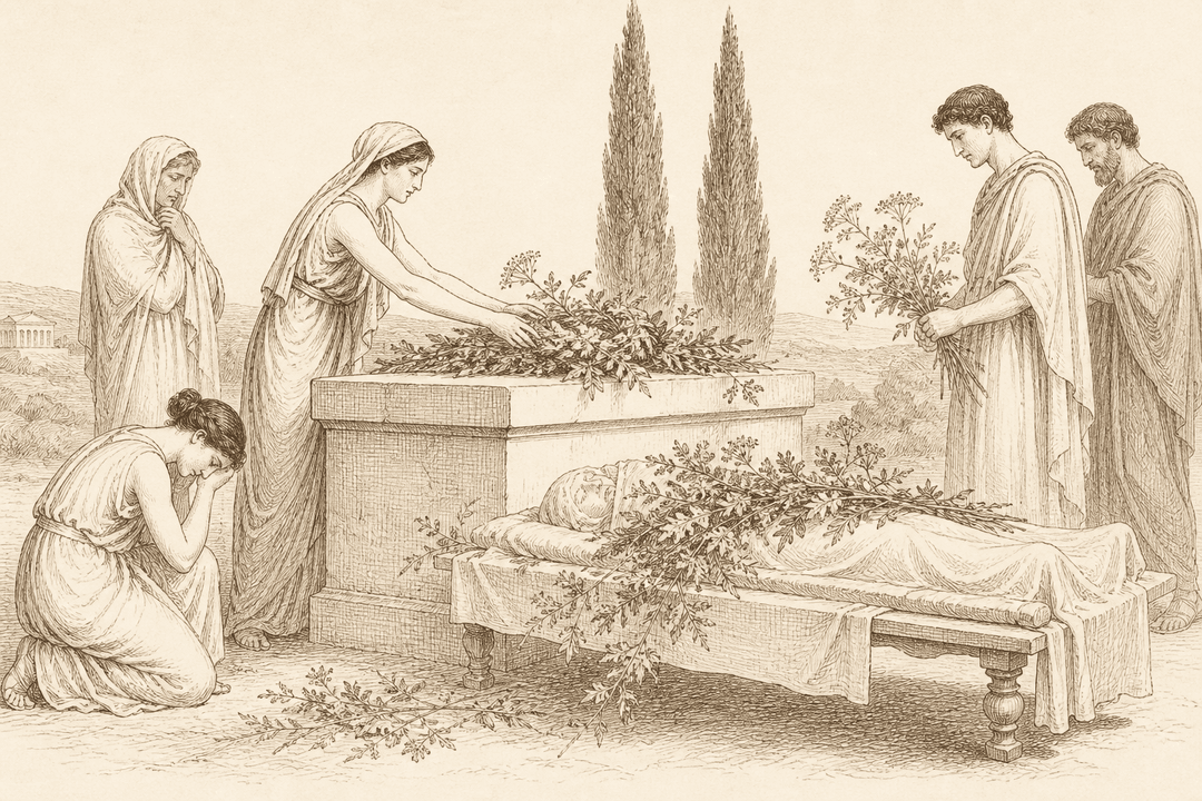 Mourners laying wild celery on a grave in ancient Greece — celery as the plant of the dead, the other half of its double life.