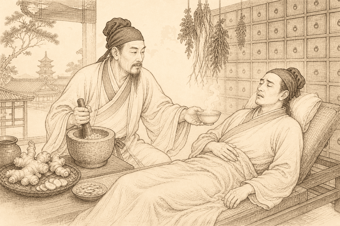 A sepia engraving of a Tang-dynasty physician grinding fresh ginger and giving a bowl of ginger decoction to a queasy, reclining patient — the sage's remedy for the vomiter.