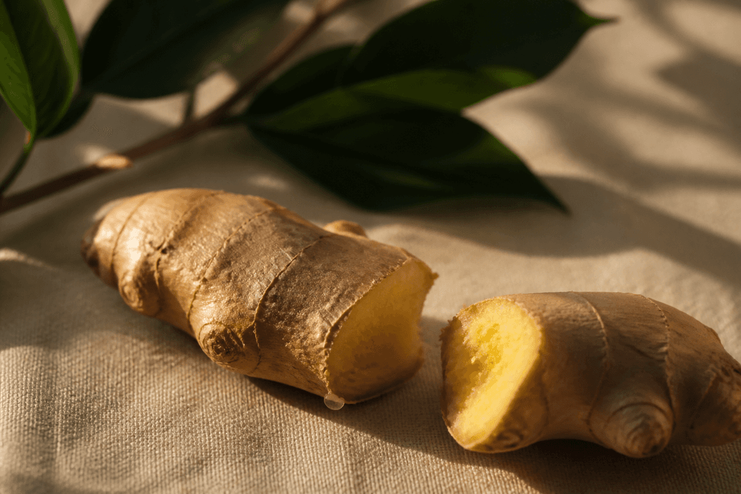 A knob of fresh ginger snapped in half on pale linen, its pale-gold fibrous flesh and a bead of juice catching low golden light.
