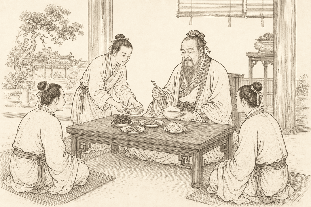 A sepia engraving of Confucius seated at his table with a small dish of sliced ginger among his food, disciples nearby — the philosopher who kept ginger at every meal but ate little.