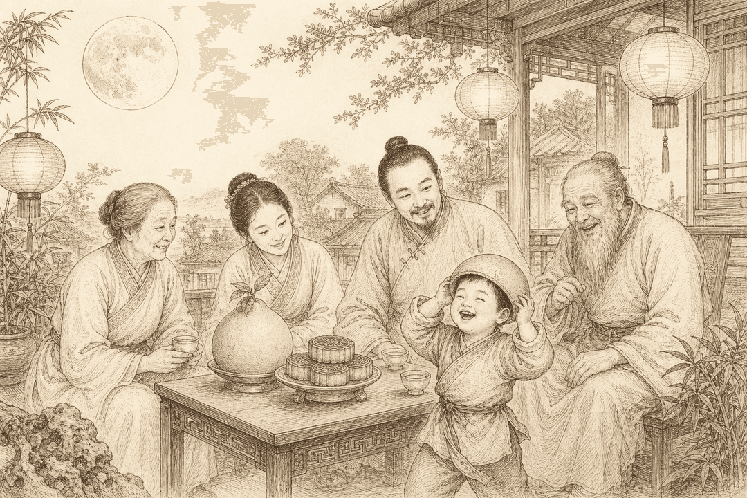 Scene: a Chinese Mid-Autumn Festival — a whole pomelo on the offering table and a child wearing a pomelo-rind hat under the full moon.