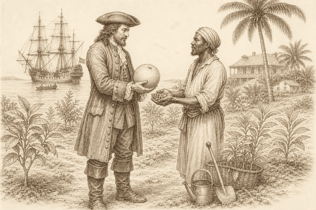 Scene: a 17th-century English sea captain leaving great Asian pomelo seeds in a Barbados garden — the ancient parent of the grapefruit arrives in the New World.
