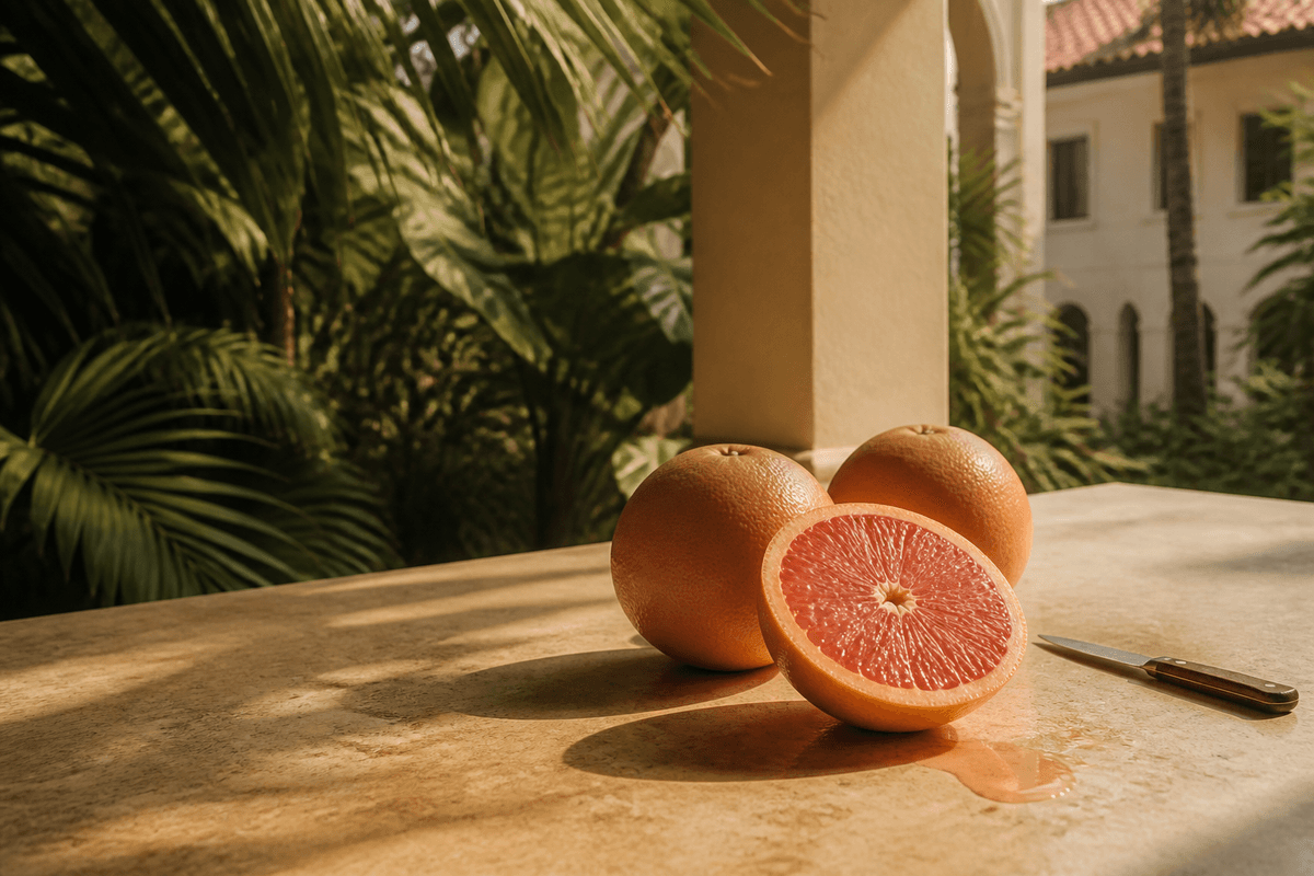 Whole and halved pink grapefruit on warm pale stone in low golden light, coral flesh beaded with juice.