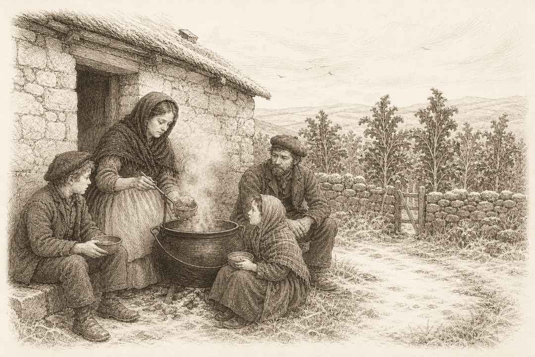 History scene: a Scottish crofting family at the kail-pot beside a frosted kaleyard on a winter evening — kale as the survival food of the northern winter.