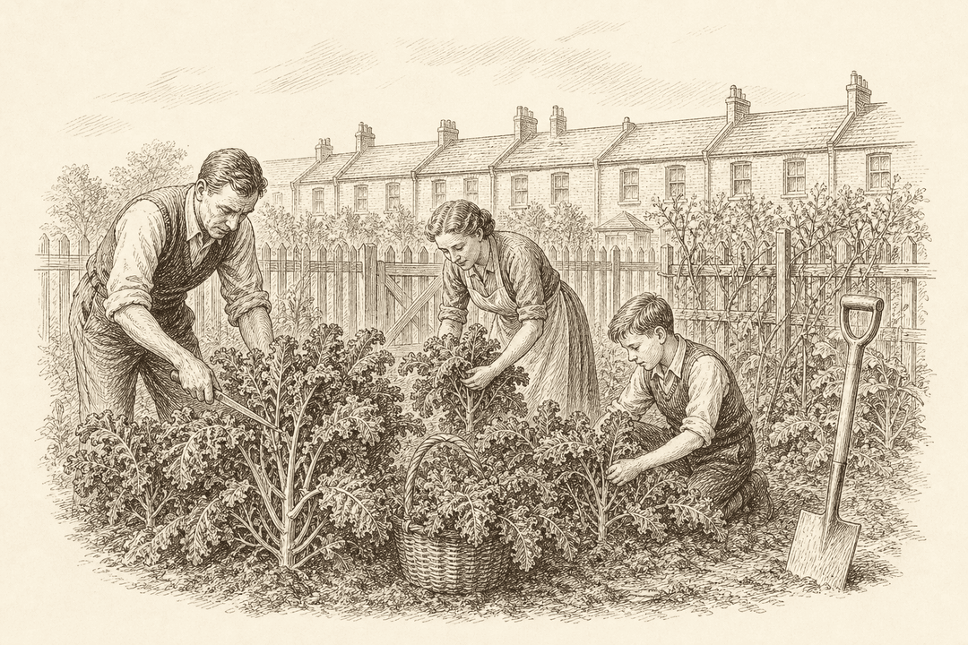 History scene: a British family harvesting winter kale on a wartime 'Dig for Victory' allotment — kale feeding households through the wartime 'hungry gap'.