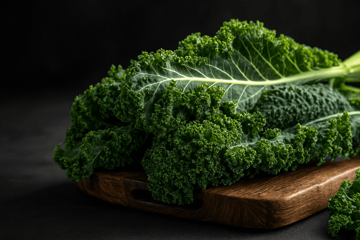 Fresh, vibrant curly kale on a wooden board in soft moody light
