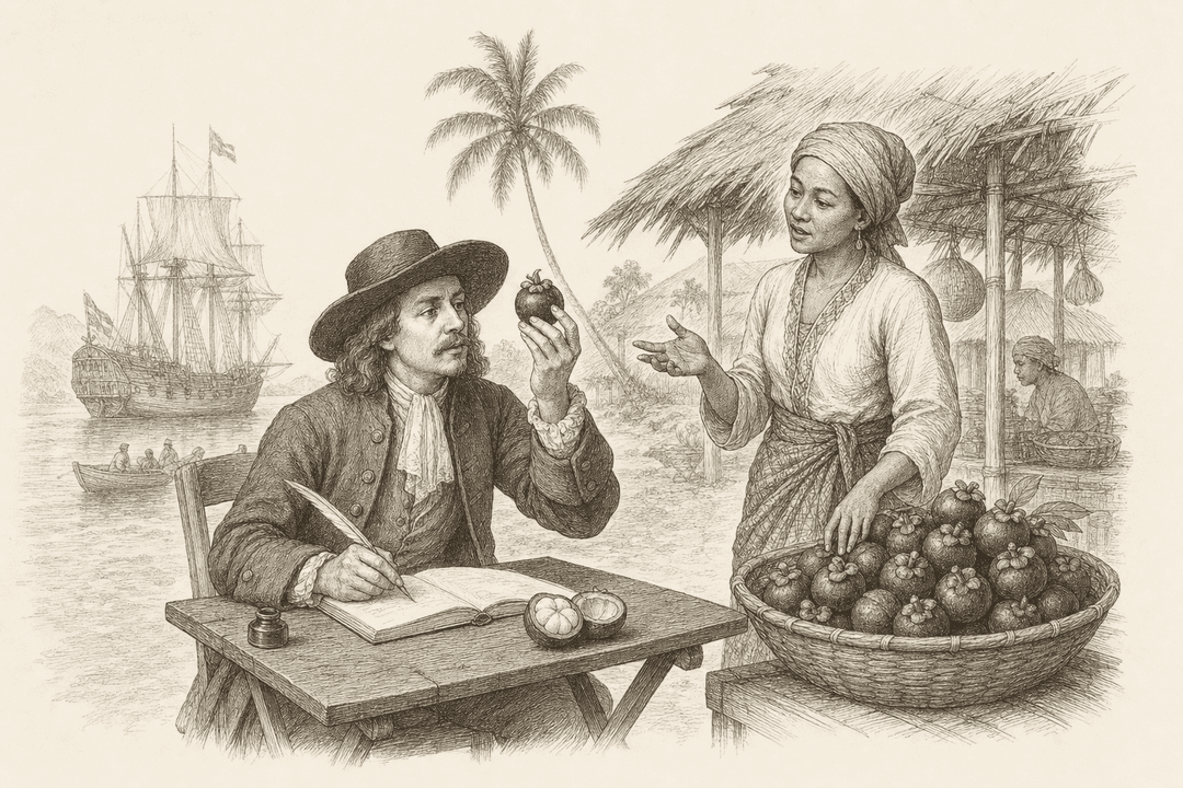 A colonial-era Dutch East India Company naturalist in a Maluku island market examining a mangosteen and recording it in his notebook while a Malay fruit-seller looks on — the moment Europe first documented the Queen of Fruits.