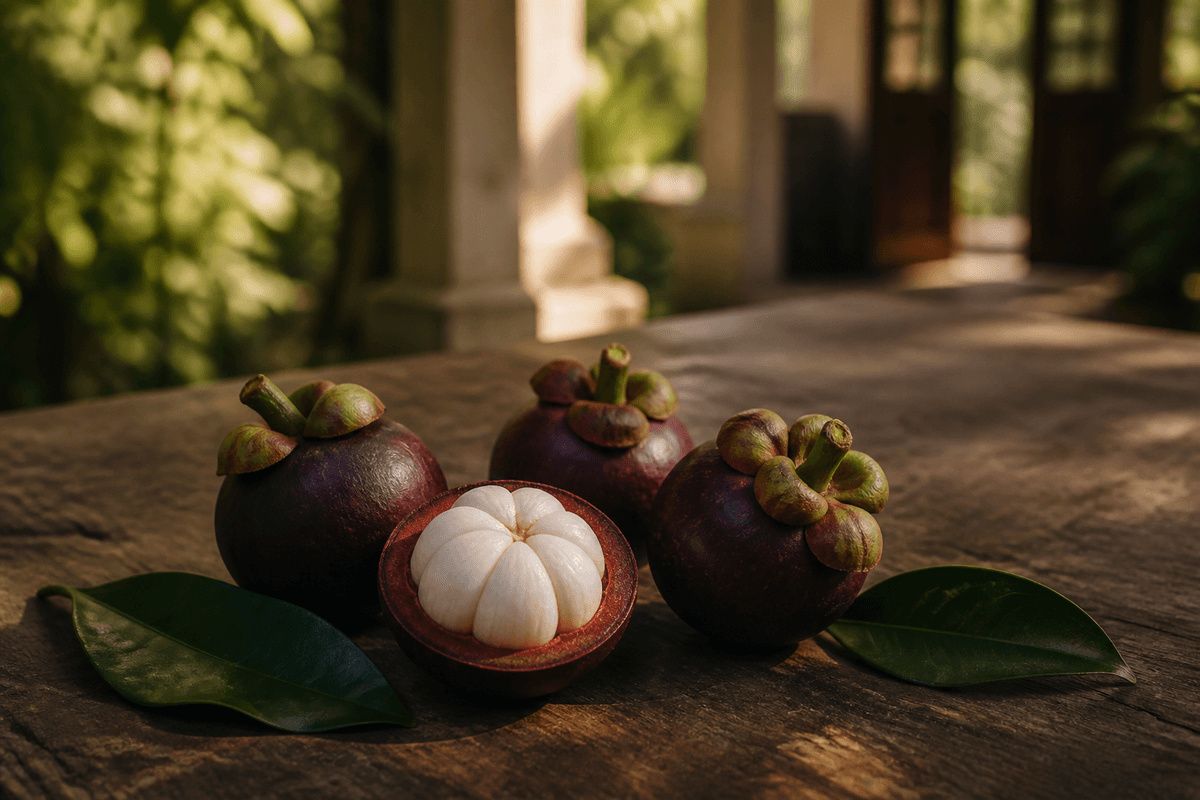 Fresh mangosteens on dark teak, one split open to reveal the ring of pure white flesh cradled in its thick deep-purple rind.