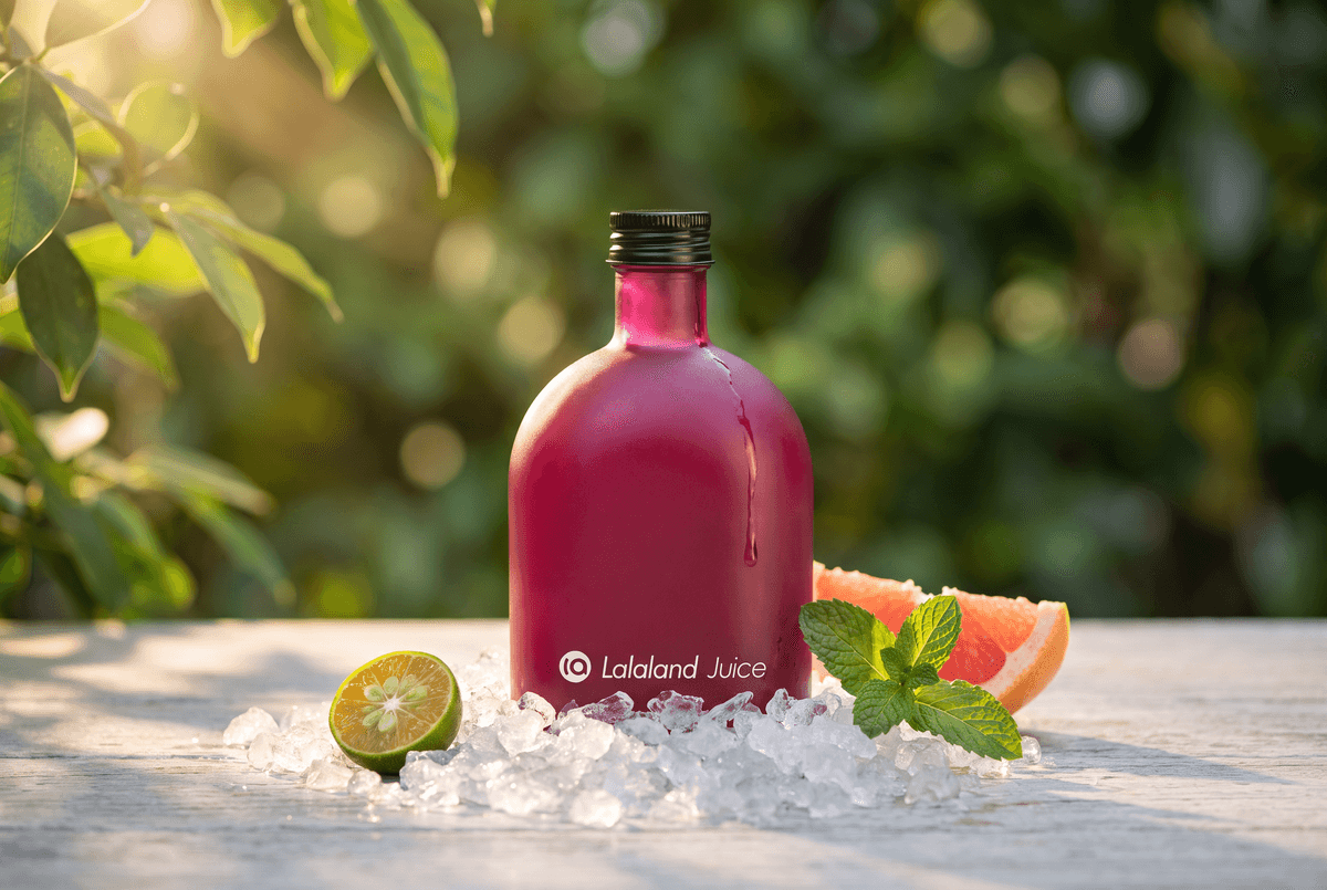 A matte beetroot-pink Lalaland Juice flask beading with cold condensation, half-buried in crushed ice with a halved calamansi, a slice of pink grapefruit and mint, in golden-hour Singapore garden light.