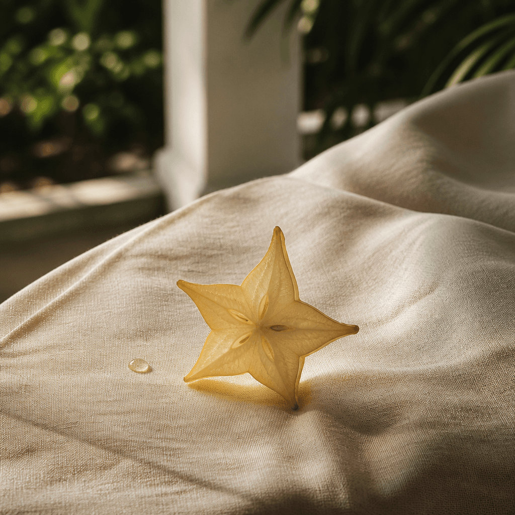 A single crosswise slice of starfruit forming a translucent five-pointed star on pale linen.
