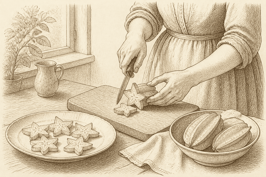 Scene: hands slicing a starfruit crosswise into five-pointed stars in a home kitchen.
