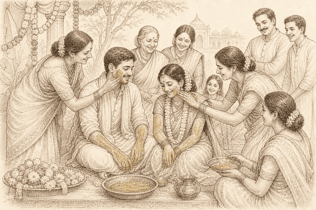 A sepia narrative engraving of a haldi ceremony — family smearing turmeric paste on a seated bride and groom before their wedding, brass bowls of golden paste and marigolds around them.