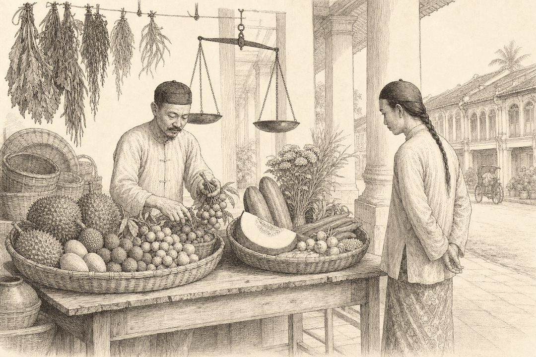 A sepia engraving of an old Nanyang street market: a herb-seller at a shophouse five-foot-way stall calmly sorts tropical produce into two rattan baskets — the 'heaty' fruits (durian, mango, longan) in one, the 'cooling' produce (winter melon, cucumber, chrysanthemum, water chestnut) in the other — as a customer looks on.